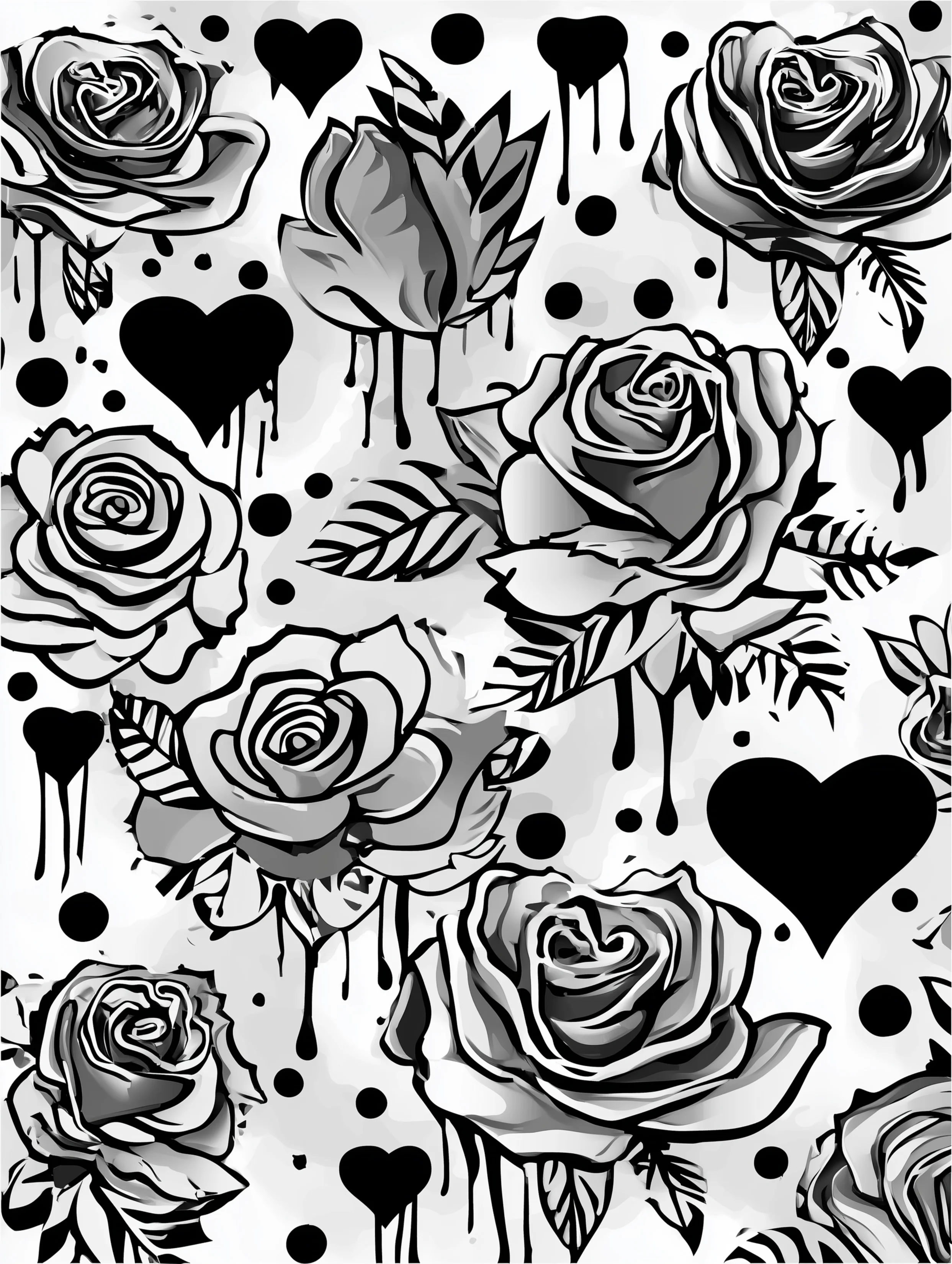 Free printable rose coloring page for adults featuring dripping roses with hearts